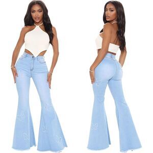 Butterfly Decoration Stretch Flare High Waist Light Blue Jeans Sz L